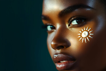 A striking close-up of a model with glowing skin, adorned with a sun design on her cheek, showcasing beauty and art in a vibrant, dark background.