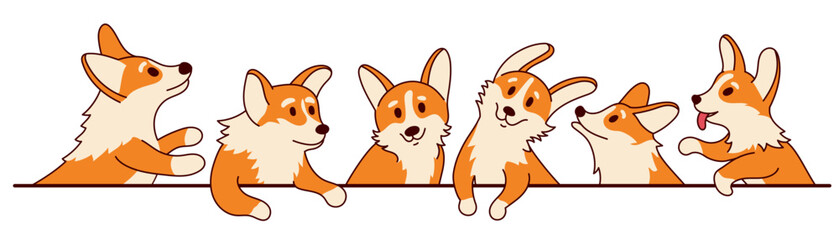 Obraz premium Cute corgi border. Doggy and puppy cartoon character, funny welsh dog with happy face, playful puppies with different emotions. Vector corgi dogs illustration