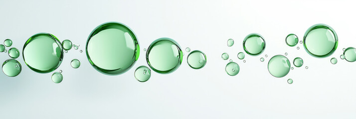 Highly detailed translucent green orbs of varying diameters, arranged randomly on a bright white bac
