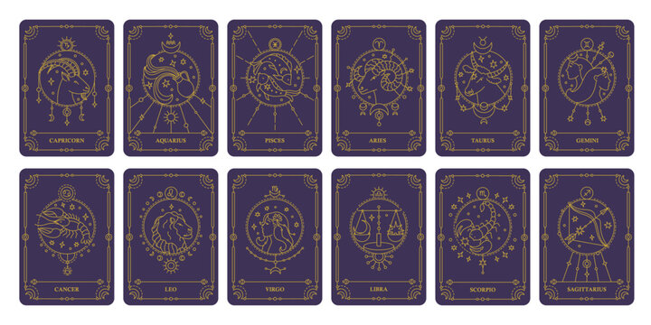 Astrology card. Zodiac signs with abstract astrological linear frames, horoscope constellation emblem set decorative borders and mystic symbols. Vector isolated collection