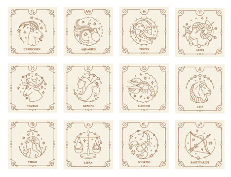 Astrology sign. Zodiac constellation symbols with horoscope icons, abstract astrological minimal line logo for calendar print, esoteric astrology concept. Vector set