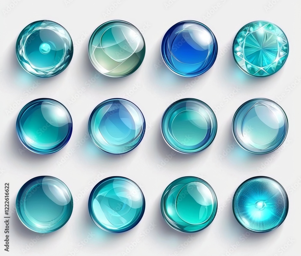 Poster a set of blue glossy buttons with reflections on both sides.