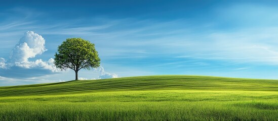 Vibrant green field under a clear blue sky with a lone tree creating a serene landscape symbolizing sustainable growth and renewable energy potential