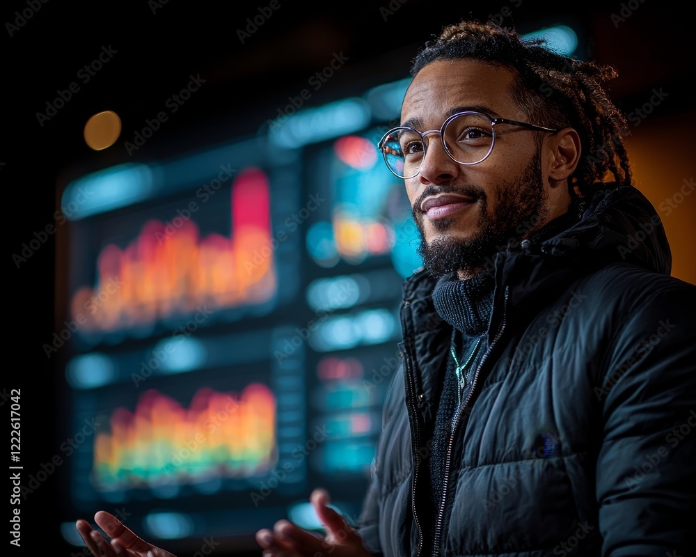 Poster confident business leader addressing strategy session with futuristic analytics display