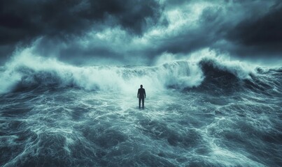 Dramatic Solitude: Lone Figure Confronts Stormy Ocean Waves during Intense Weather, Generative AI