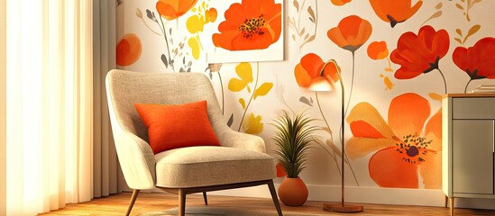 Bright modern living room with cream walls, bold orange and yellow floral decor, cozy white chair with orange cushion, and potted plant in corner.