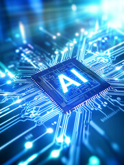 A close-up of an AI chip with the letters "AI" on it, surrounded by blue light and white circuitry, symbolizing advanced technology.. Unreal Engine, high resolution 