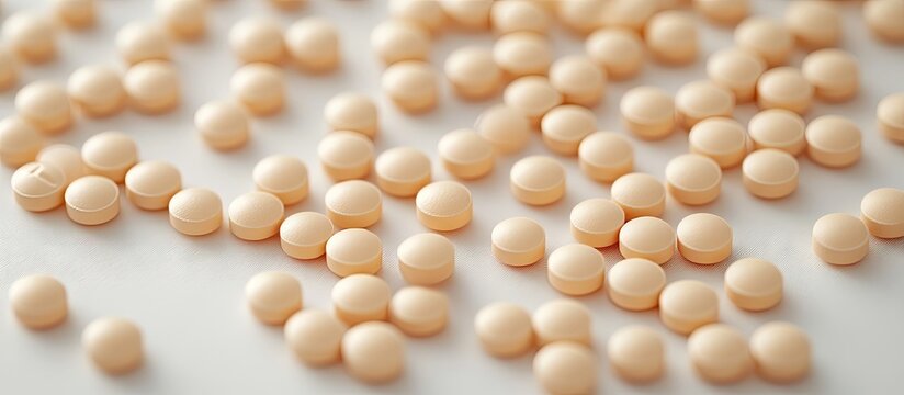 Beige medication pills scattered across a white surface showcasing their distinct round shapes and smooth textures for pharmaceutical imagery