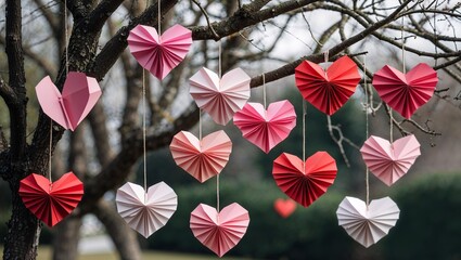 Obraz premium Paper Heart Garland Hanging on a Bare Tree Branch for Valentines Day Celebration