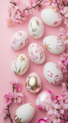 Fototapeta premium Beautifully decorated Easter eggs surrounded by cherry blossoms on a pink background during spring