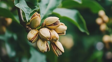 Close up pistachio nuts on tree branch with bokeh background