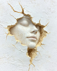 A gentle composition focusing on a relaxed female face lightly coated in sand, showcasing a serene m