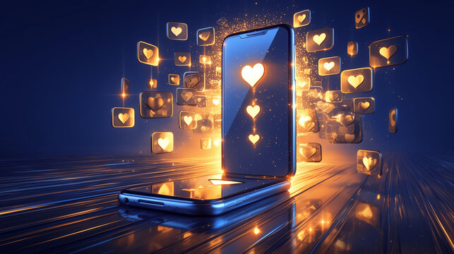 Illustration photo of a smart phone surrounded by a glowing nice heart symbol screen from a social networking site.