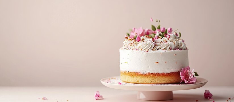 Elegant cake on a pale background with pink floral accents, positioned centrally on a light stand, ideal for dessert promotion or event marketing. - Powered by Adobe