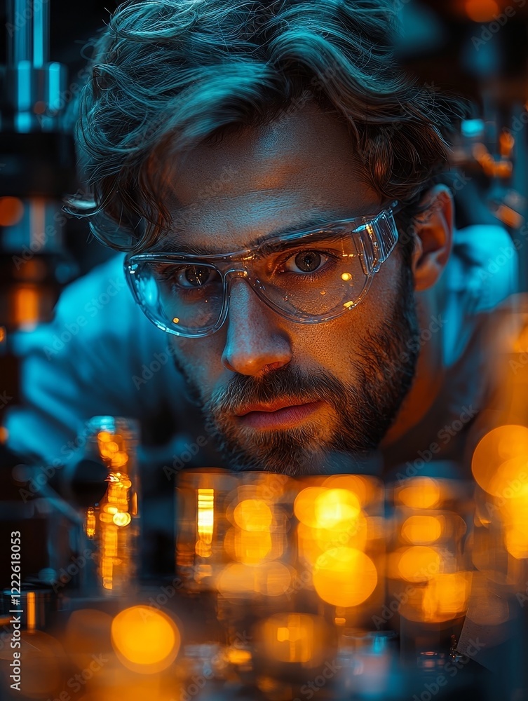 Aufkleber focused innovator in high tech lab surrounded by glowing prototypes and futuristic tools