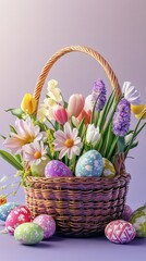 Obraz premium Vibrant spring basket filled with colorful flowers and decorated eggs for Easter celebration