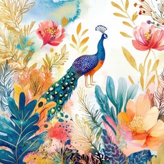 Peacock amidst vibrant floral paradise; nature's beauty; home decor