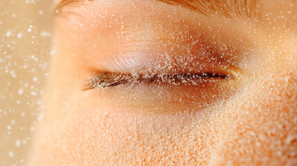 Fototapeta premium A close-up angle showcasing serene facial contours under a fine layer of sand, highlighting warmth,