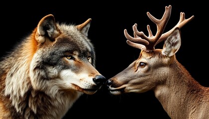 Obraz premium Wolf and Deer A Captivating Study in Contrast, Wildlife Portrait on Black Background