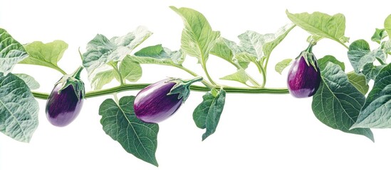 Vibrant purple aubergine fruits arranged along a green stem with leaves, beautifully isolated on a clean white background showcasing natural elegance.