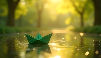 Green Paper Boat Sailing on a Calm Puddle in a Sunny Garden