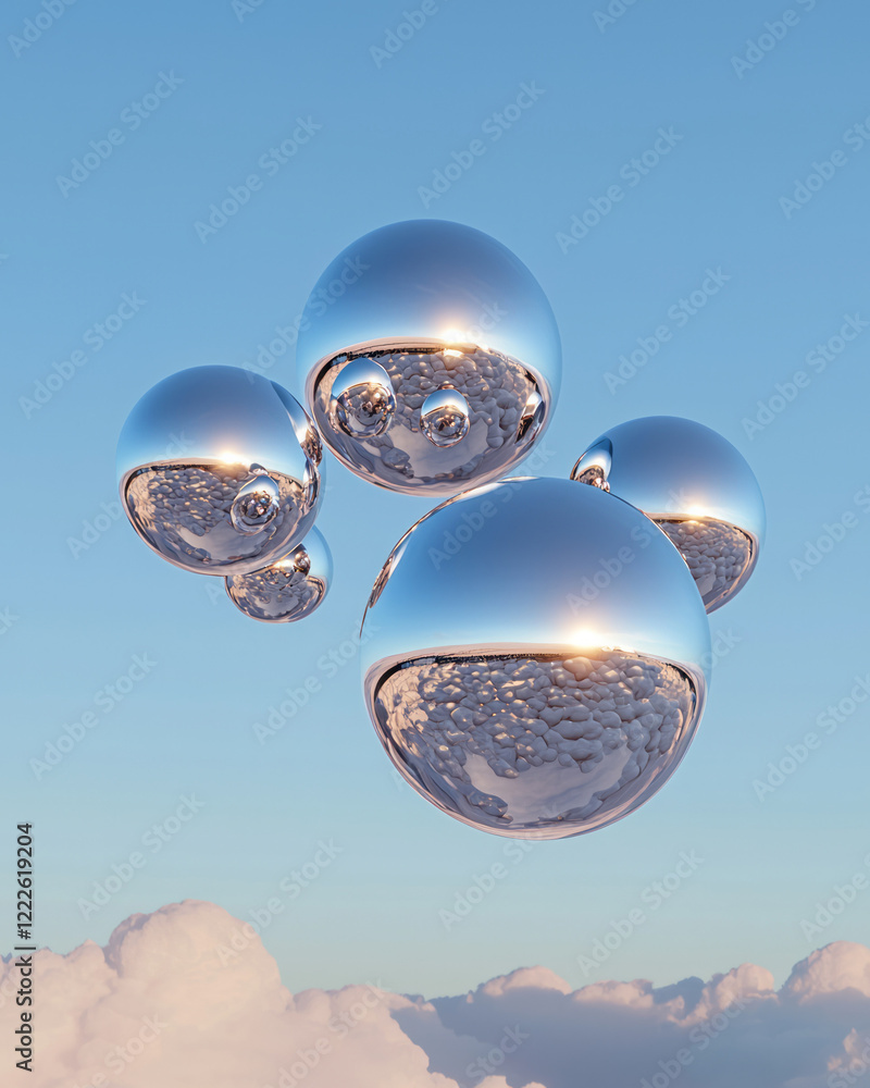 Poster a whimsical visual of shiny metallic spheres floating among soft cloud formations, highlighted by a