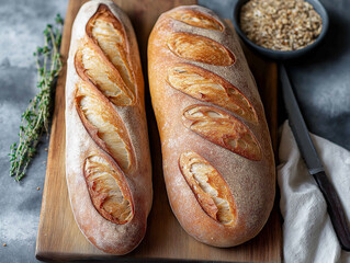 Crispy baguette bread. Bakery photography.