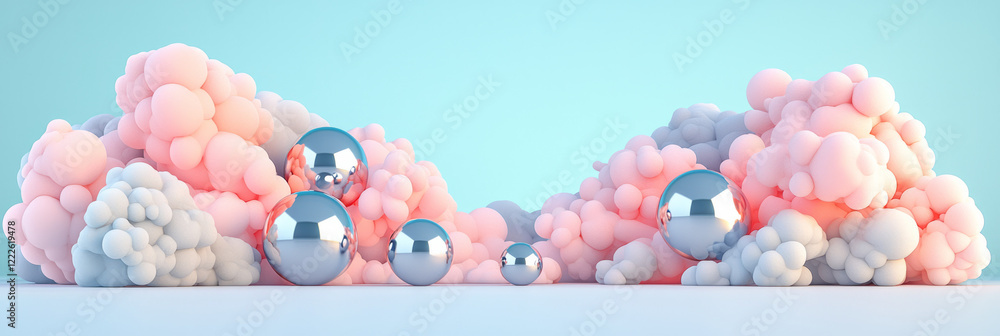 Poster a balanced layout of metallic spheres surrounded by softly rolling clouds, set on a refined gray sta
