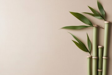 Naklejka premium Bamboo stalks showcase natural knots and vibrant green leaves against a gentle beige gradient backdrop. The composition offers a peaceful, organic aesthetic with ample space for text