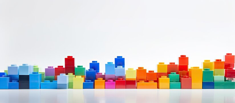 Colorful plastic building blocks arranged in a row on a white background with ample copy space for text inscriptions and marketing messages
