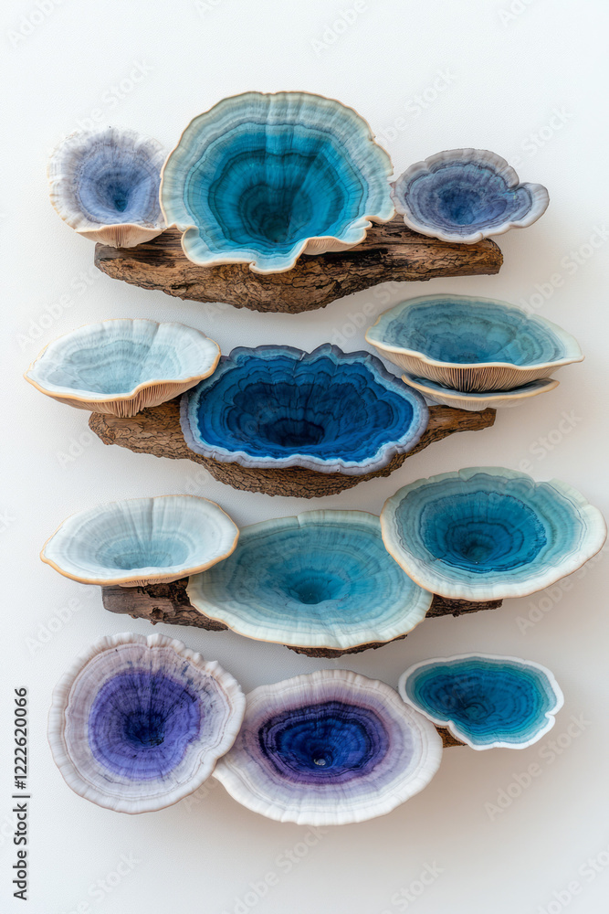 Poster an artistic display of vibrant shelf fungi with blue-green hues, aligned in a linear pattern against