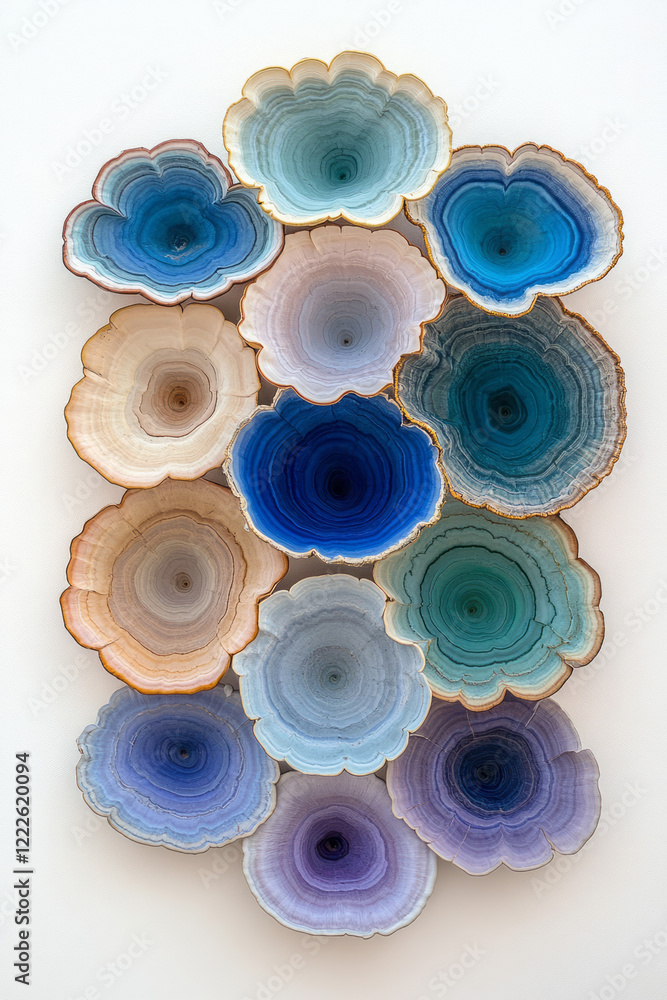 Poster an artistic display of vibrant shelf fungi with blue-green hues, aligned in a linear pattern against