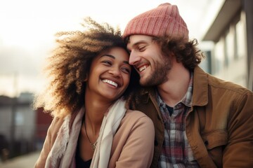 Fototapeta premium Young multiracial couple smiling and enjoying a romantic moment together outdoors