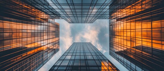 Modern architectural skyline featuring tinted glass skyscrapers with sleek lines and orange reflections under a cloudy sky, ideal for corporate finance imagery.