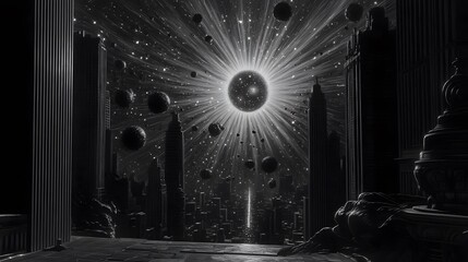 Obraz premium Monochromatic Futuristic Cityscape with Celestial Event