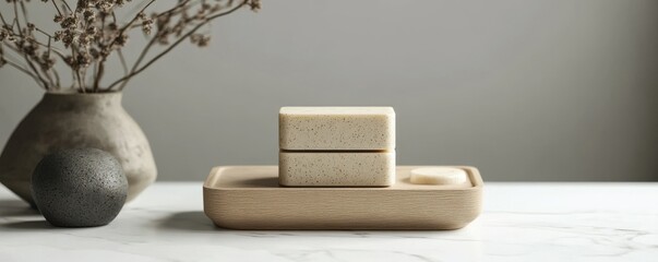 Natural handmade soap bars on minimalist tray with dried flowers in ceramic vase
