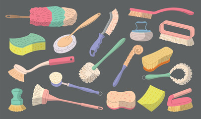 Cleaning brushes. Mops sponge household equipment for home cleaning recent vector flat illustrations set