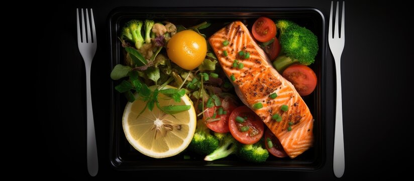 Healthy gourmet meal in black container featuring grilled salmon, fresh vegetables, lemon slice, and cherry tomatoes on a dark background.