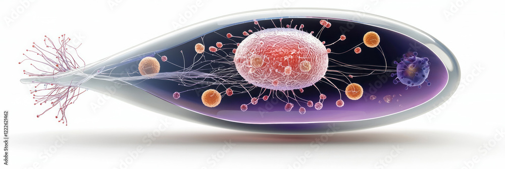 Poster a cutaway view of a cell, emphasizing the positioning of the nucleus at the center and the clearly l