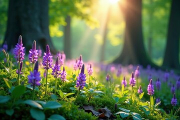 Purple flowers and foliage in a serene forest glade with dappled sunlight, landscape, forest glade