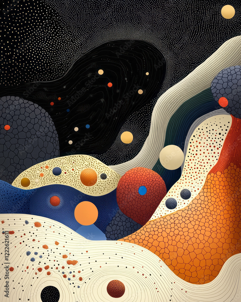 Poster an abstract art interpretation of a cell cross-section, where the nucleus, golgi complex, mitochondr