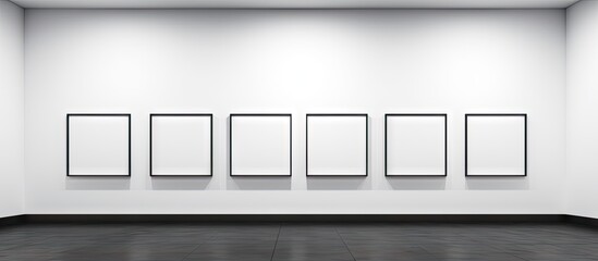 Three empty white art frames arranged in a line on a dark grey wall with soft lighting and an empty museum seating bench beneath them.