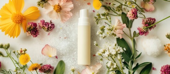Sage lip balm positioned centrally on soft white background surrounded by vibrant yellow and pink flowers with visible salt crystals for a serene composition