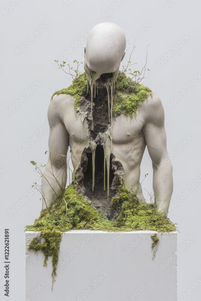 Poster a muted background focusing on a life-like statue with moss and sprouts, partially fused with a cris