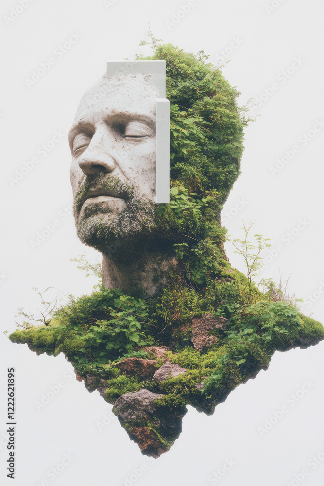 Poster a muted background focusing on a life-like statue with moss and sprouts, partially fused with a cris