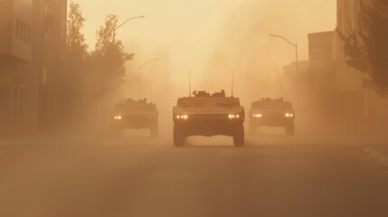 Long Shot of Armored Personnel Carriers Emerging from Dusty Street