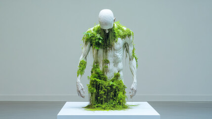 An avant-garde display of a moss-infused human figure, arms and head emerging from a clean, rectangu