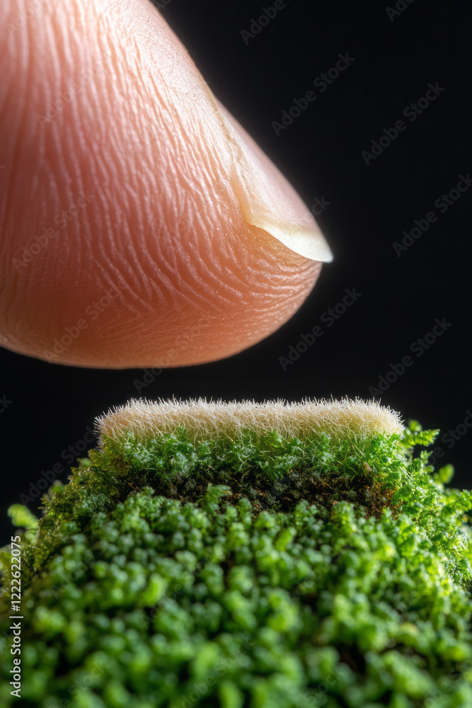Poster a macro shot of fingers gently peeling back a section of moss, exposing a subtle beige backing and s