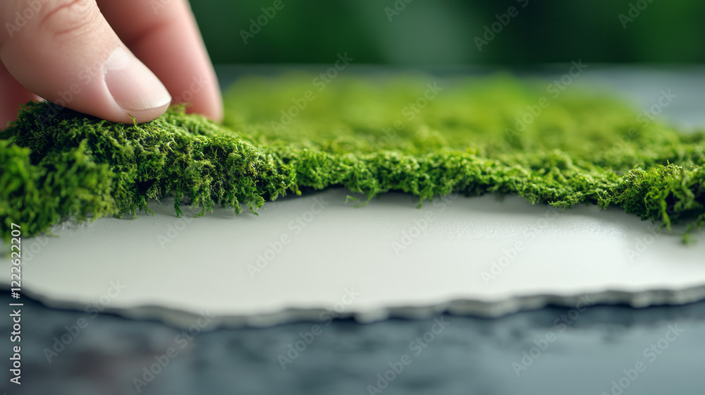Poster A detail-oriented scene of a hand rolling back moss to display a contrasting beige backing and clean