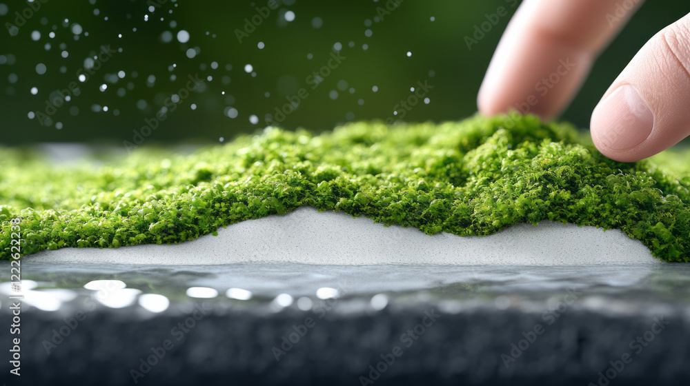 Aufkleber a detail-oriented scene of a hand rolling back moss to display a contrasting beige backing and clean